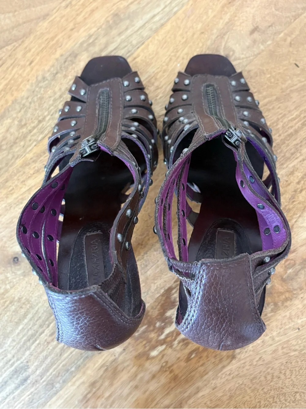 BCBGMaxAzria Brown Studded Leather Peep-Toe Heels with Purple Lining